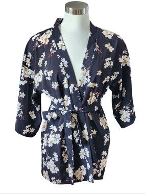 Kimono Style Open Front Short Sleeve Floral Self Tie Belted Over Top
